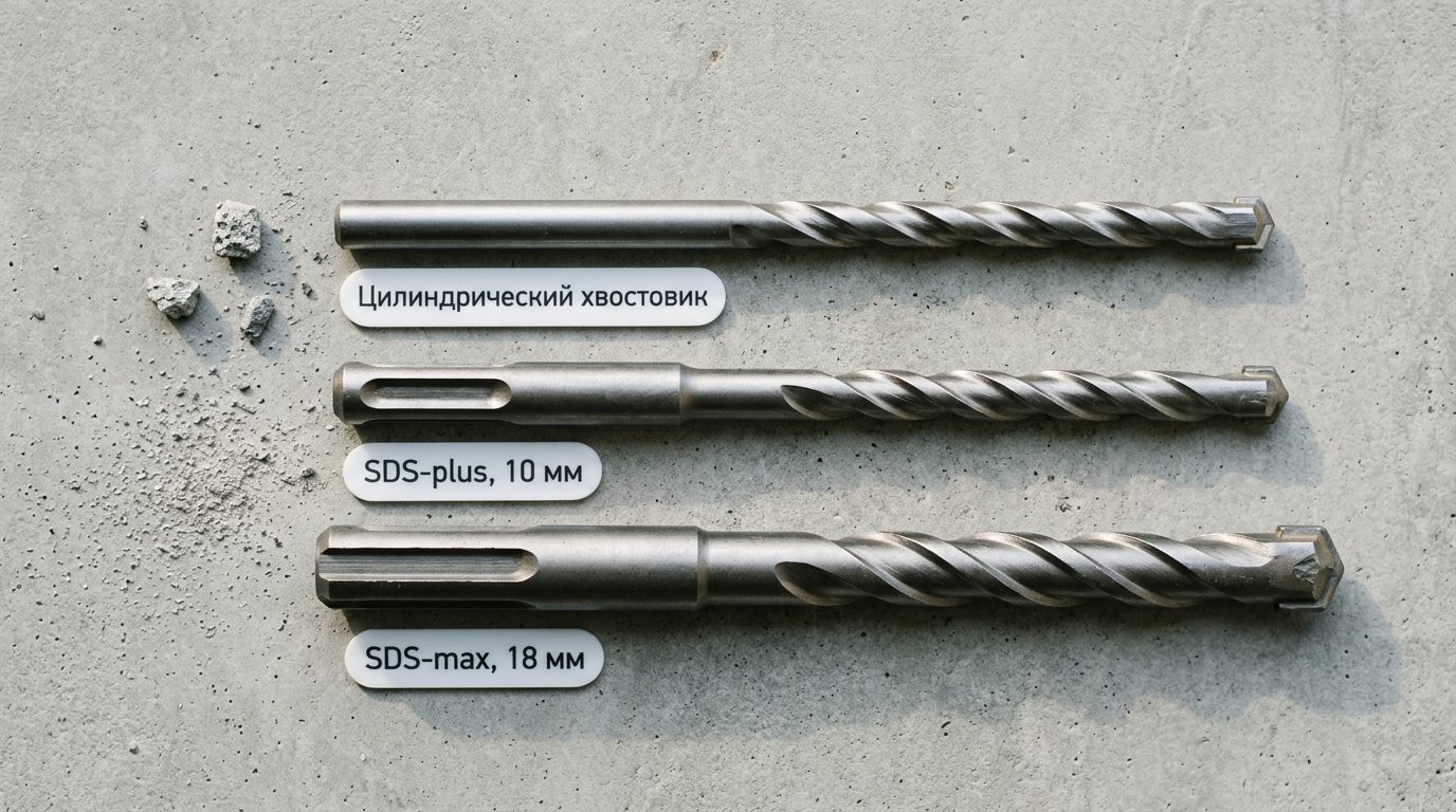 Три хвостовика на бетонной плите: цилиндрическое сверло по бетону, бур SDS-plus 10 мм и бур SDS-max 18 мм