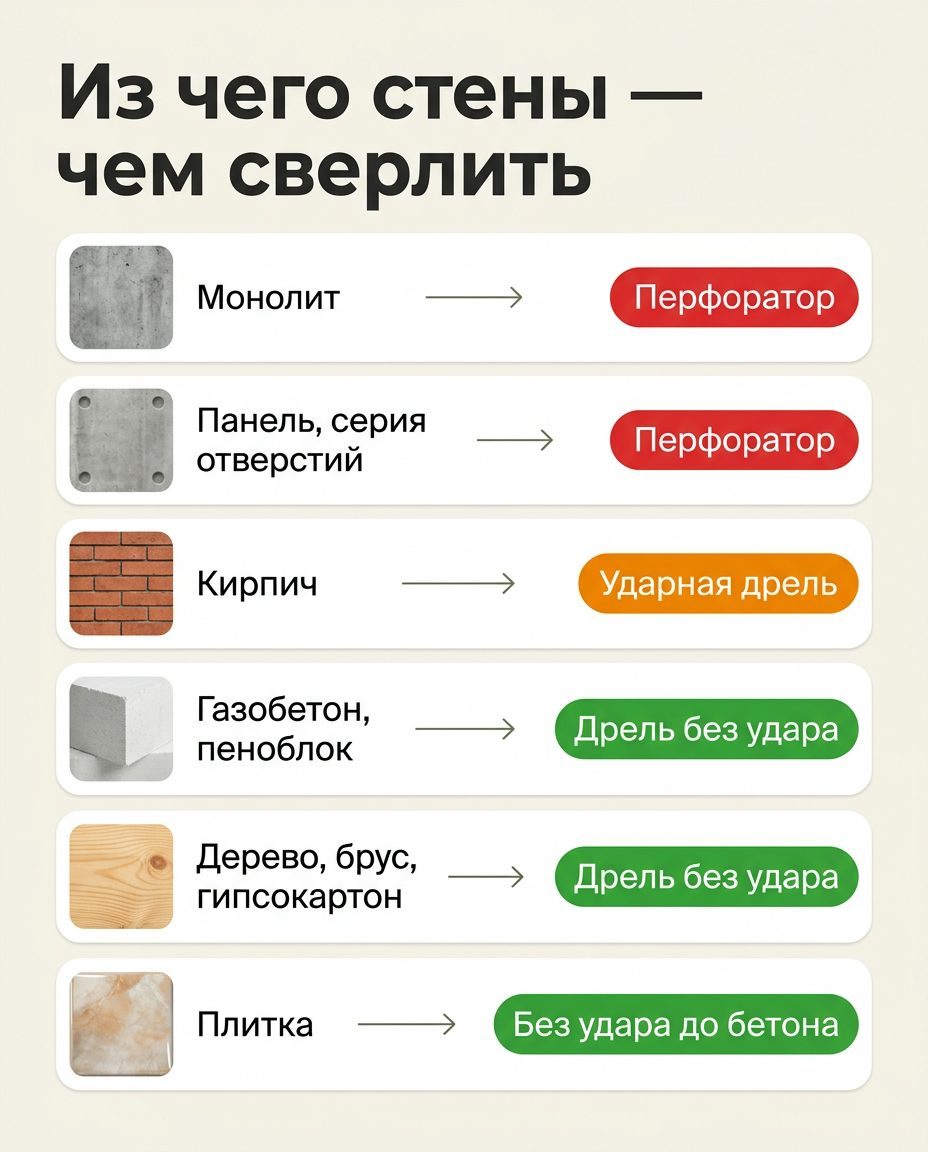 Схема выбора по материалу стен: монолит и панель — перфоратор, кирпич — ударная дрель, остальное без удара
