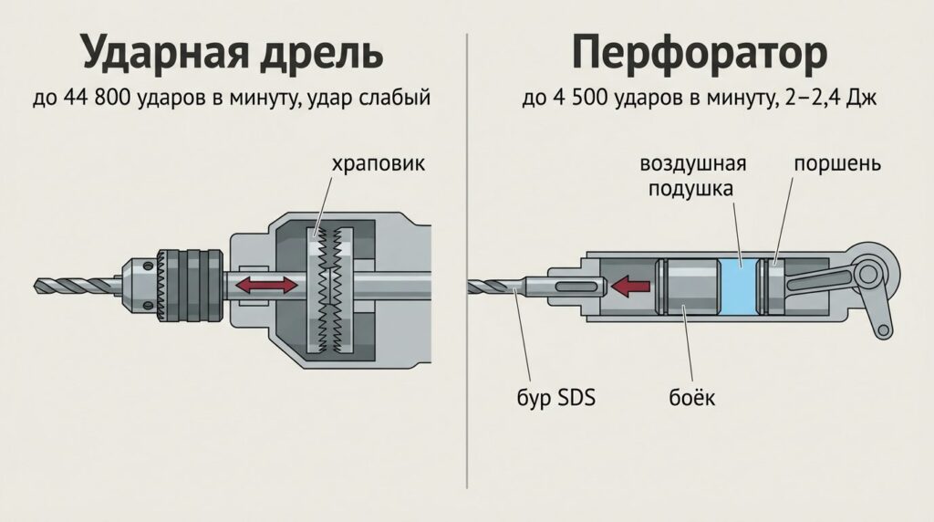 Чем отличается дрель от перфоратора: схема ударных механизмов — храповик против поршня, воздушной подушки и бойка