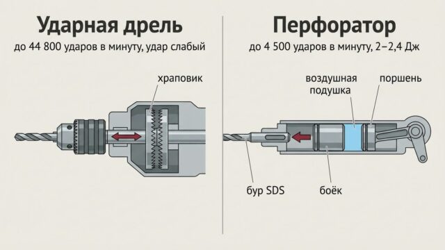 Чем отличается дрель от перфоратора: схема ударных механизмов — храповик против поршня, воздушной подушки и бойка