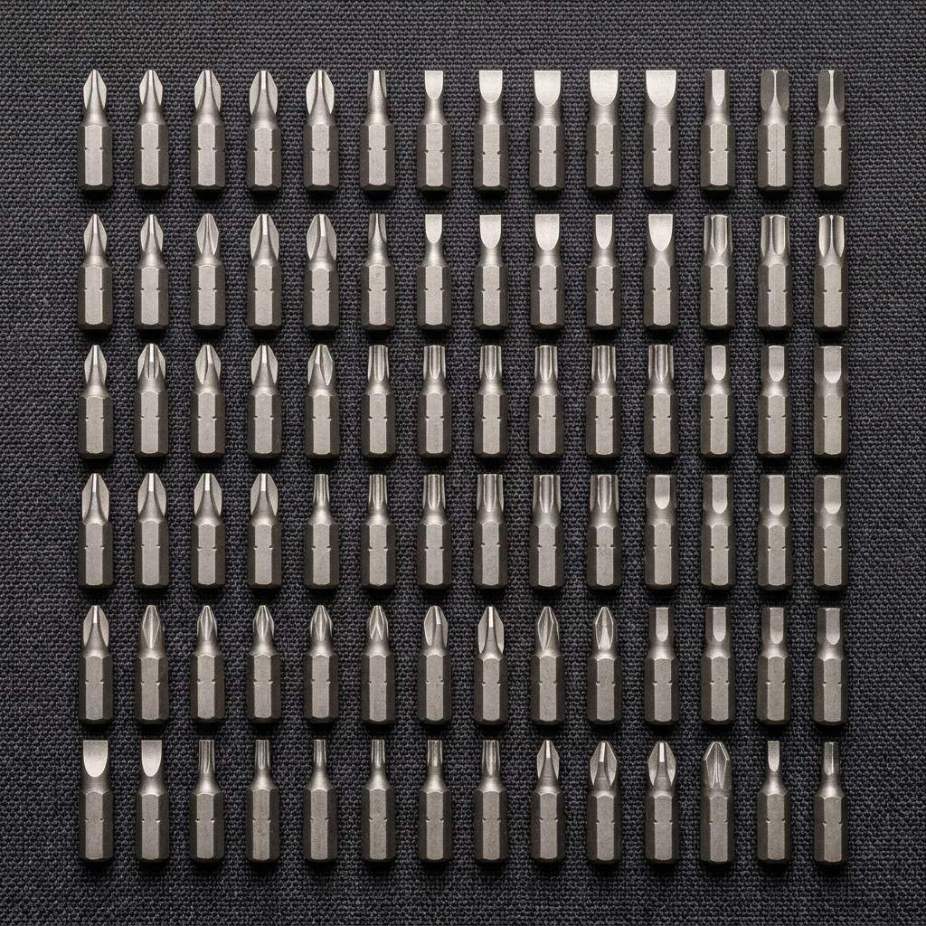 Набор бит для шуруповёрта рядами на тёмной ткани: крестовые, шлицевые, TORX