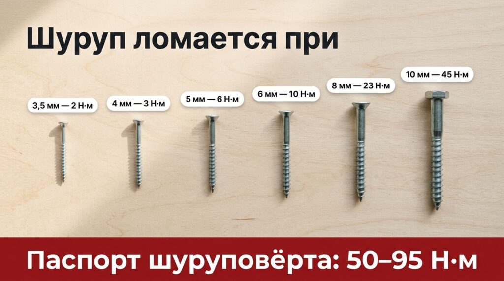 Крутящий момент шуруповёрта и предел шурупов разного диаметра: от 2 Н·м для 3,5 мм до 45 Н·м для 10 мм