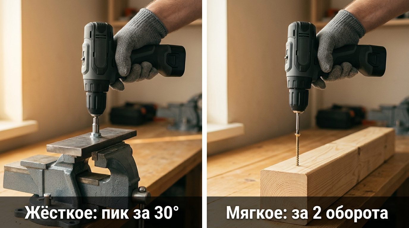 Шуруповёрт затягивает болт в стальной пластине и длинный шуруп в брусе: жёсткое и мягкое соединение