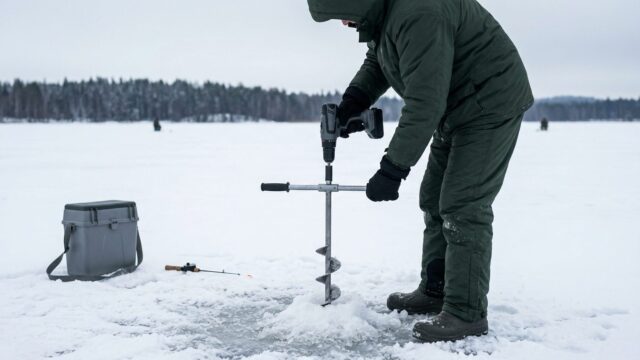 Шуруповёрт для ледобура в работе: рыбак бурит лунку, одна рука на курке, вторая на ручке шнека