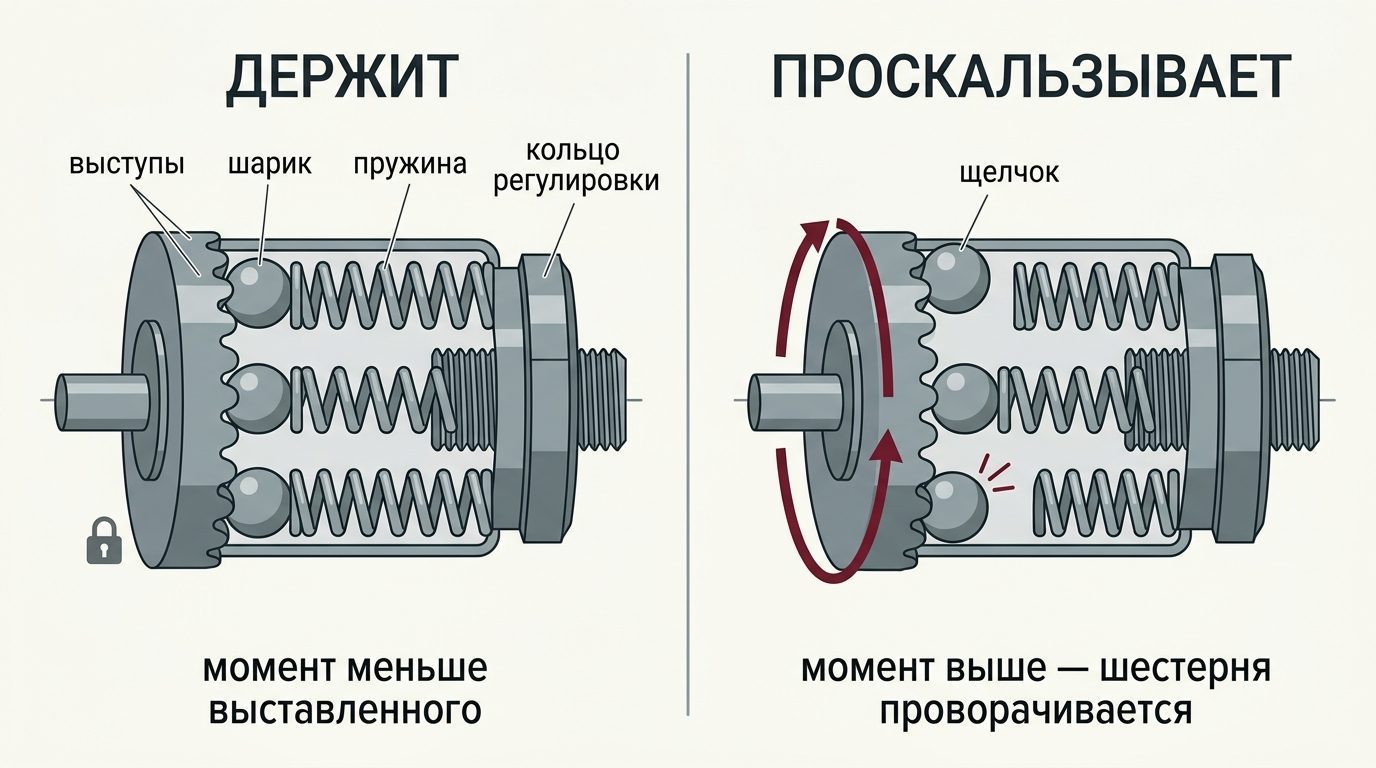 Муфта шуруповёрта в разрезе: пружины прижимают шарики к выступам шестерни, при перегрузке она проворачивается со щелчком