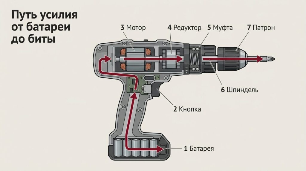 Устройство шуруповёрта: семь узлов от батареи до патрона на схеме в разрезе