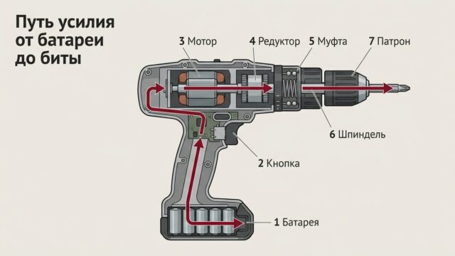 Устройство шуруповёрта: семь узлов от батареи до патрона на схеме в разрезе